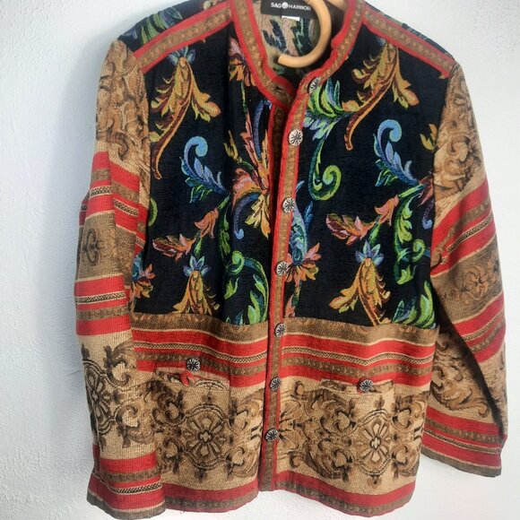 Vintage Sag Harbor Tapestry Jacket Womens 14? Paisley Button Up Navy Red Gold - Picture 2 of 8